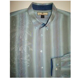 TOMMY BAHAMA 100% SILK Blue Multi-Color Striped, Floral Long Sleeve Shirt
